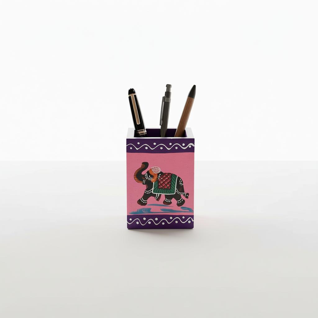 Hand-Painted Wooden Elephant Pen Stand for Office Desk | Handmade Wooden Pencil Holder | Table Organizer - Image 2