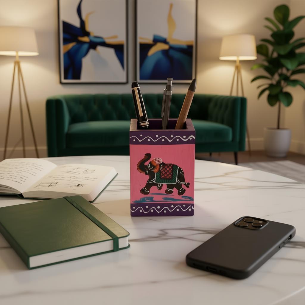 Hand-Painted Wooden Elephant Pen Stand for Office Desk | Handmade Wooden Pencil Holder | Table Organizer - Image 3