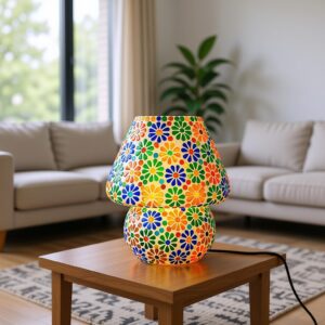 Handcrafted Colorful Floral Mosaic Glass Table Lamp for Bedroom & Living Room | Decorative Bedside Lamp |9 Inch