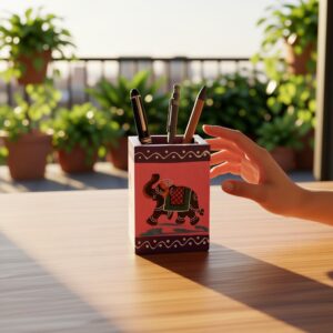 Hand-Painted Wooden Elephant Pen Stand for Office Desk | Handmade Wooden Pencil Holder | Table Organizer