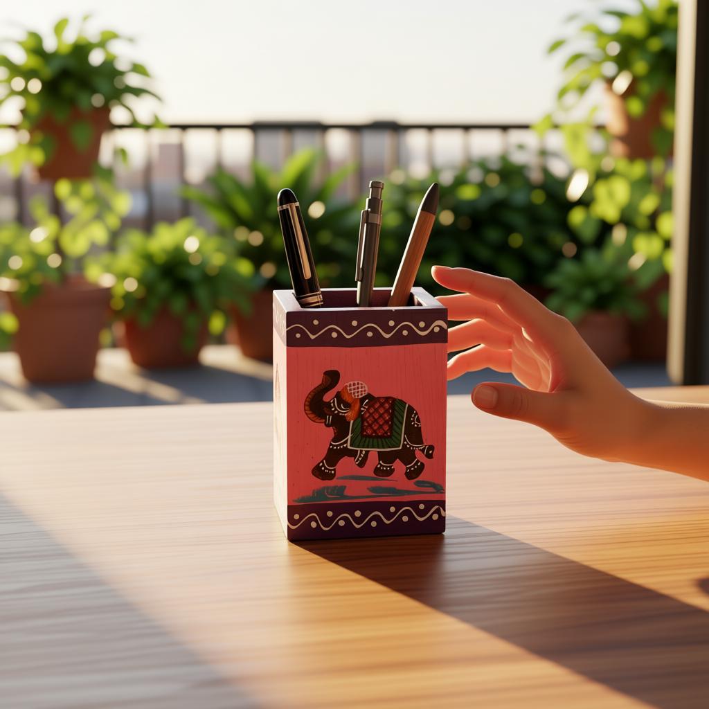 Hand-Painted Wooden Elephant Pen Stand for Office Desk | Handmade Wooden Pencil Holder | Table Organizer