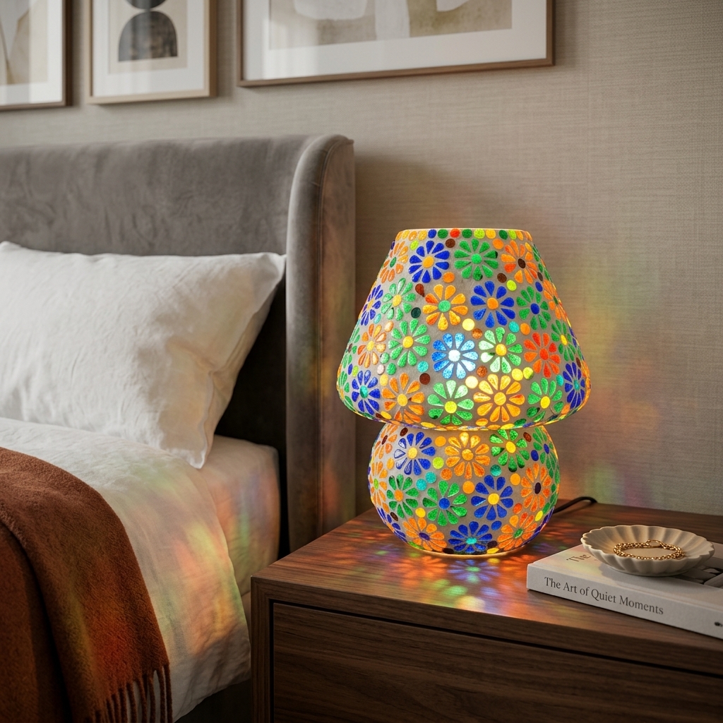Handcrafted Colorful Floral Mosaic Glass Table Lamp for Bedroom & Living Room | Decorative Bedside Lamp |9 Inch