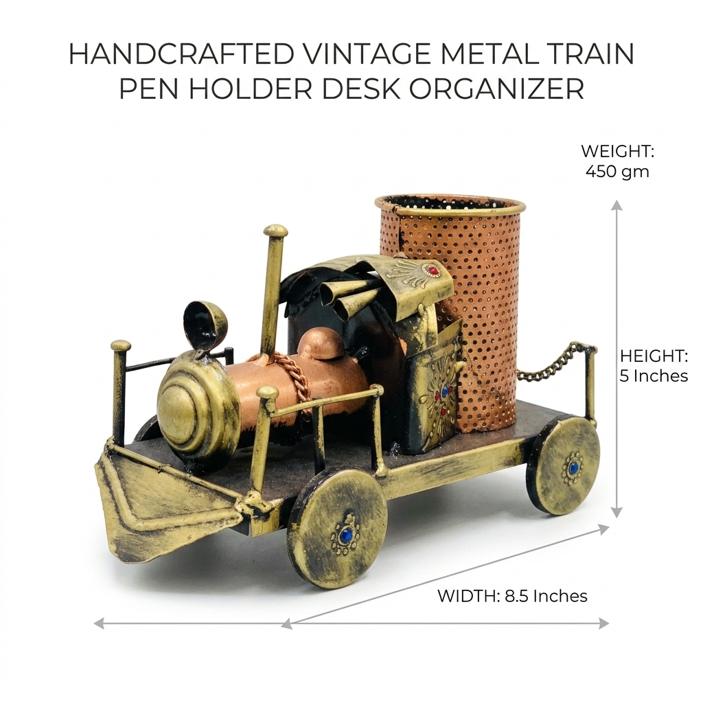 Handcrafted Vintage Metal Train Pen Holder Desk Organizer | Handmade Office Desk Organizer - Image 2