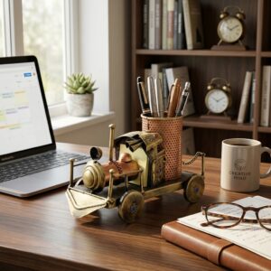 Handcrafted Vintage Metal Train Pen Holder Desk Organizer | Handmade Office Desk Organizer