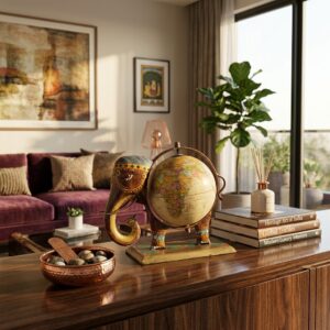 Handcrafted Wooden Elephant Globe Showpiece for Home Decor | Vintage World Globe Table Decor