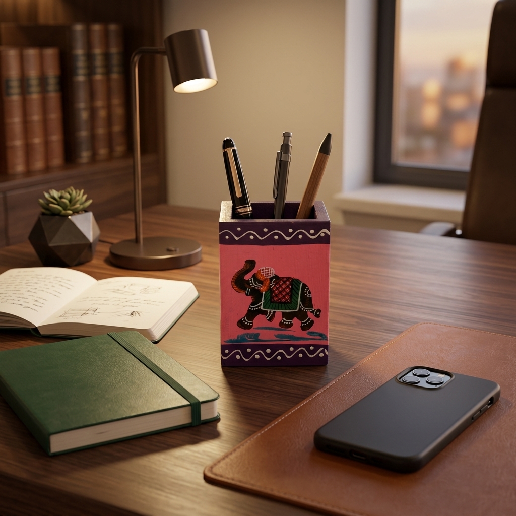Hand-Painted Wooden Elephant Pen Stand for Office Desk | Handmade Wooden Pencil Holder | Table Organizer - Image 9