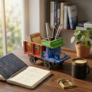 Handpainted Wooden Mini Truck Organizer | Handmade Wooden Pen Holder & Desk Organizer for Home & Office