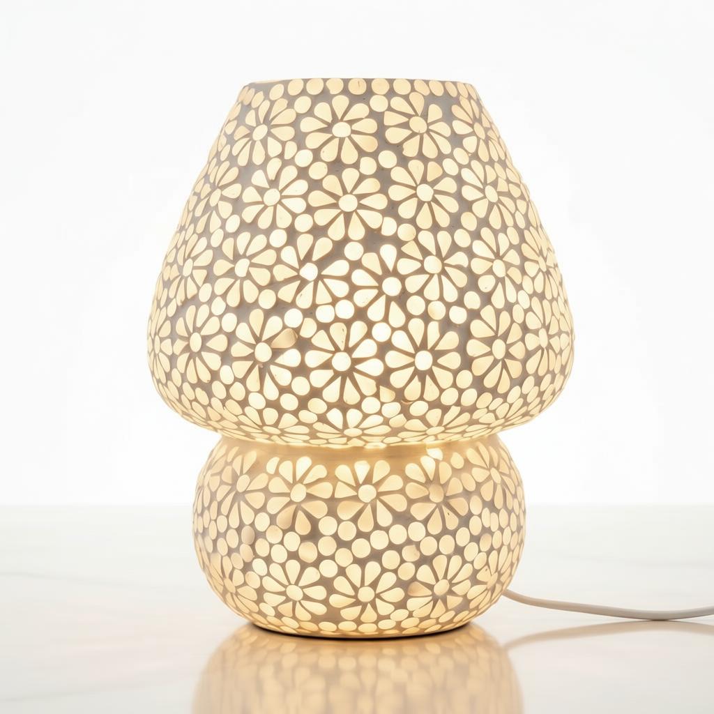 White Floral Glass Table Lamp | Handcrafted Decorative Bedside Lamp - Image 2