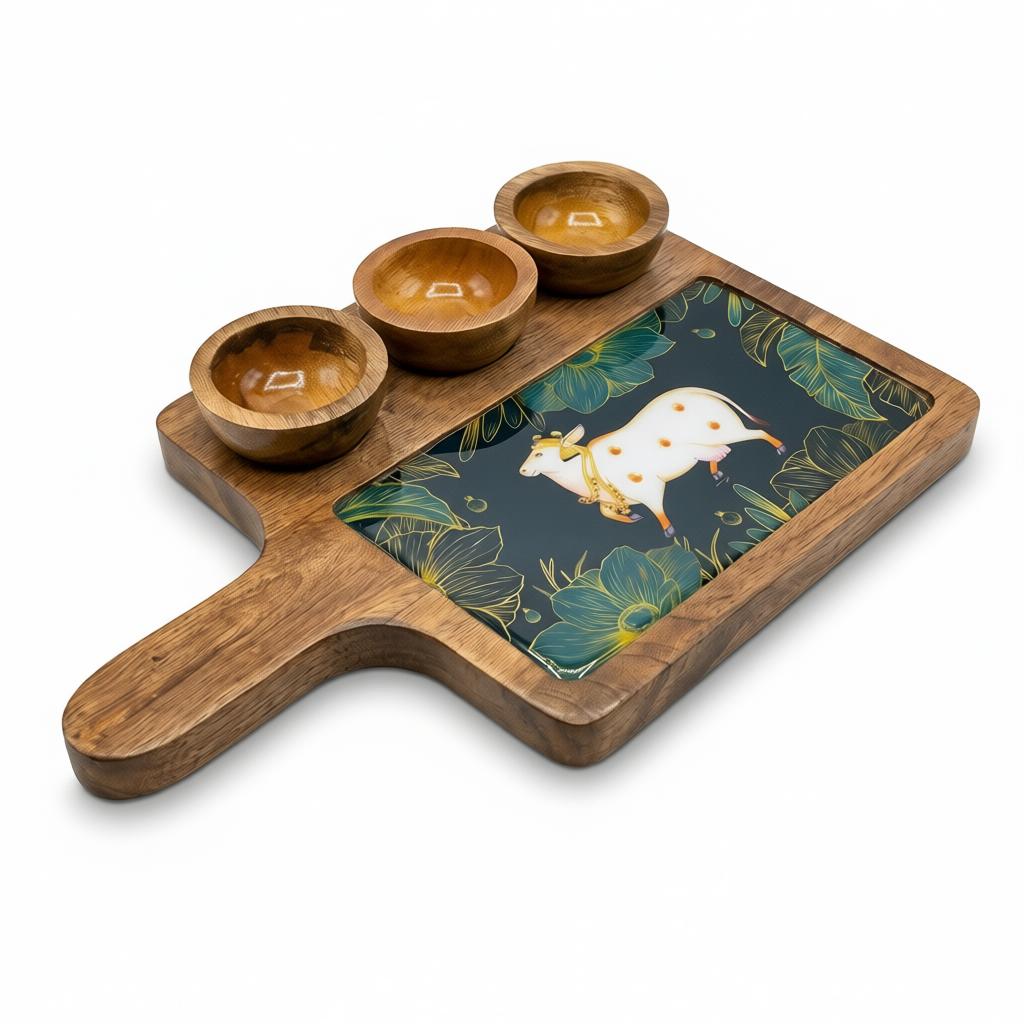 Wooden Serving Tray with Ceramic Art Tile & Snack Bowls | Premium Snack Serving Platter - Image 2