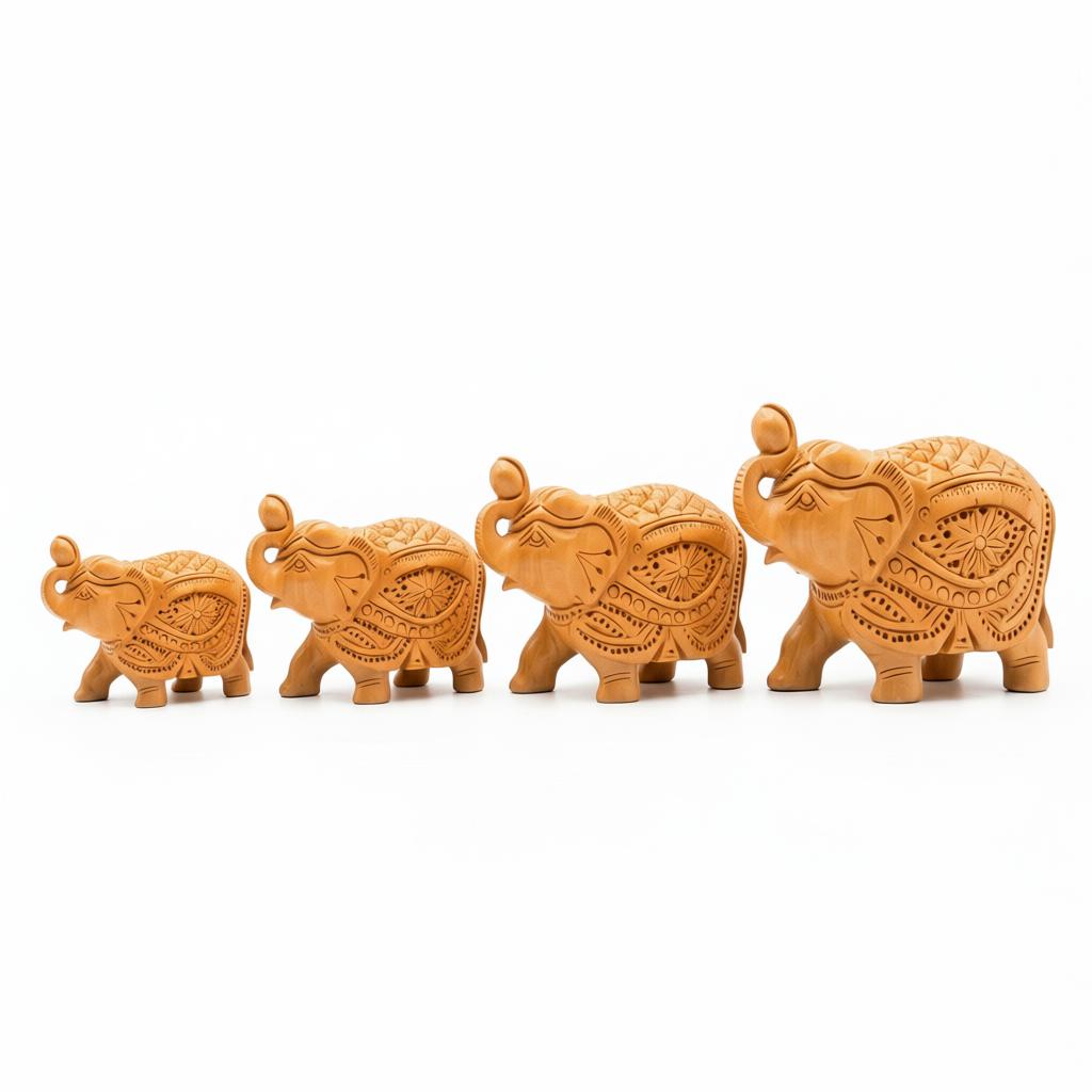 4 Set Handcrafted Wooden Elephant Showpiece | Premium Wooden Elephant Decor Set - Image 2