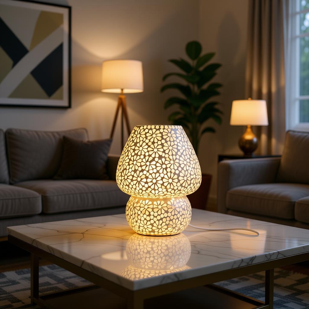 White Floral Glass Table Lamp | Handcrafted Decorative Bedside Lamp - Image 3