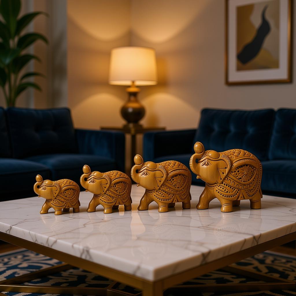 4 Set Handcrafted Wooden Elephant Showpiece | Premium Wooden Elephant Decor Set - Image 3