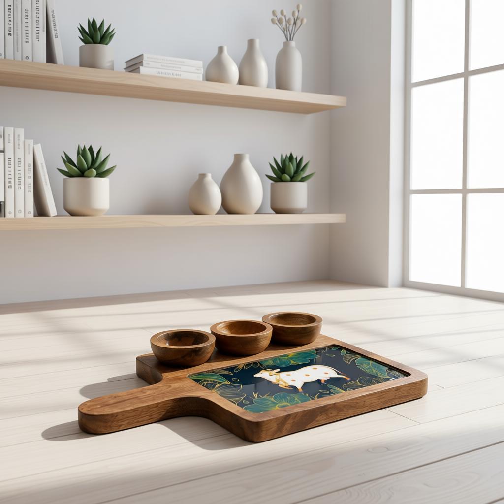 Wooden Serving Tray with Ceramic Art Tile & Snack Bowls | Premium Snack Serving Platter - Image 4