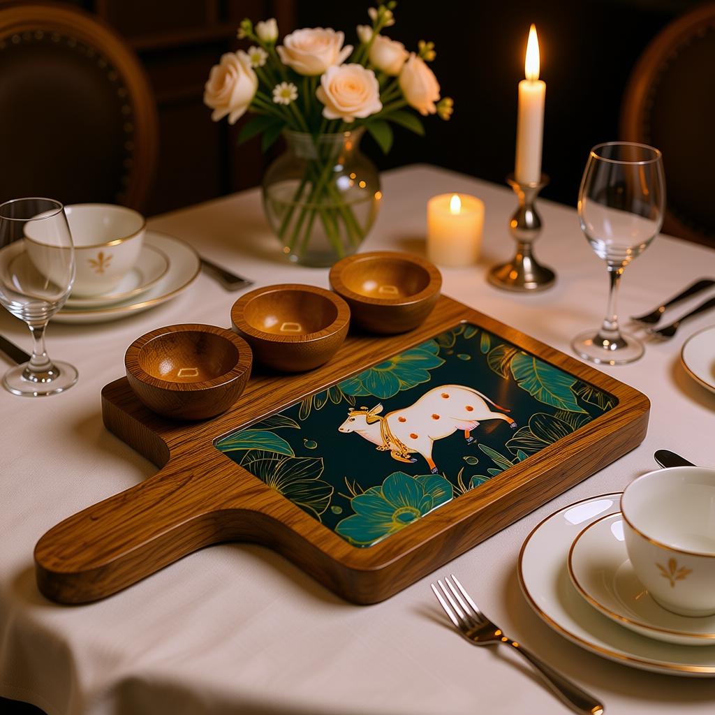 Wooden Serving Tray with Ceramic Art Tile & Snack Bowls | Premium Snack Serving Platter - Image 5