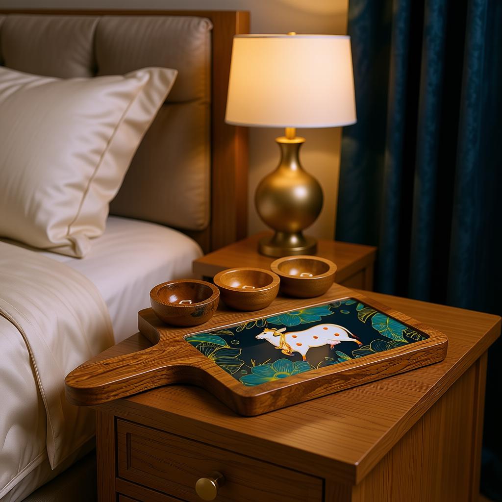 Wooden Serving Tray with Ceramic Art Tile & Snack Bowls | Premium Snack Serving Platter - Image 6
