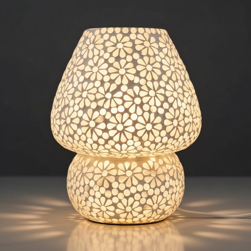 White Floral Glass Table Lamp | Handcrafted Decorative Bedside Lamp - Image 5