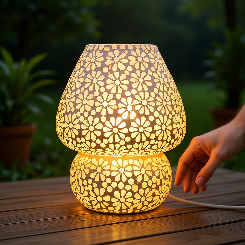 White Floral Glass Table Lamp | Handcrafted Decorative Bedside Lamp - Image 6
