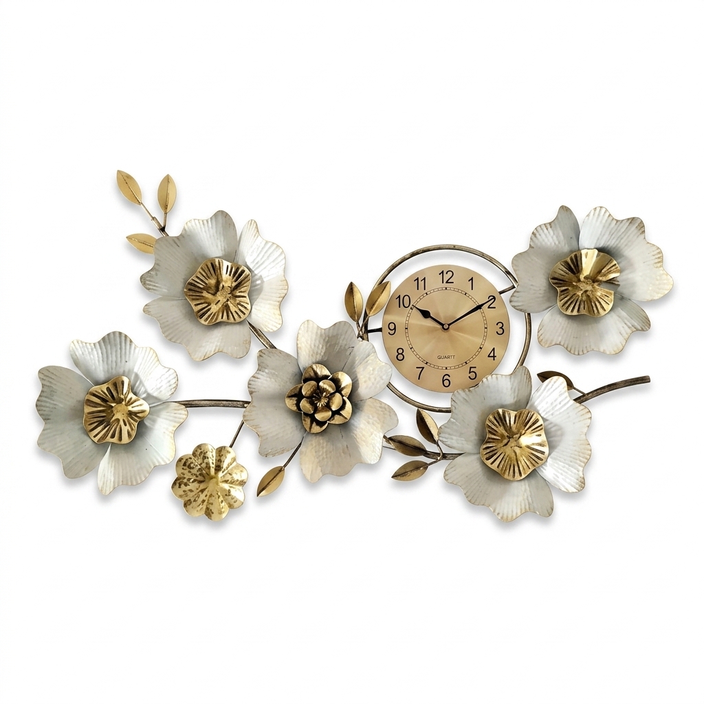 4 Flower Time White Metal Wall Clock Decor