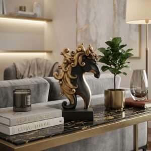 Royal Black Horse Head Sculpture | Luxury Black & Gold Decorative Horse Bust for Home & Office
