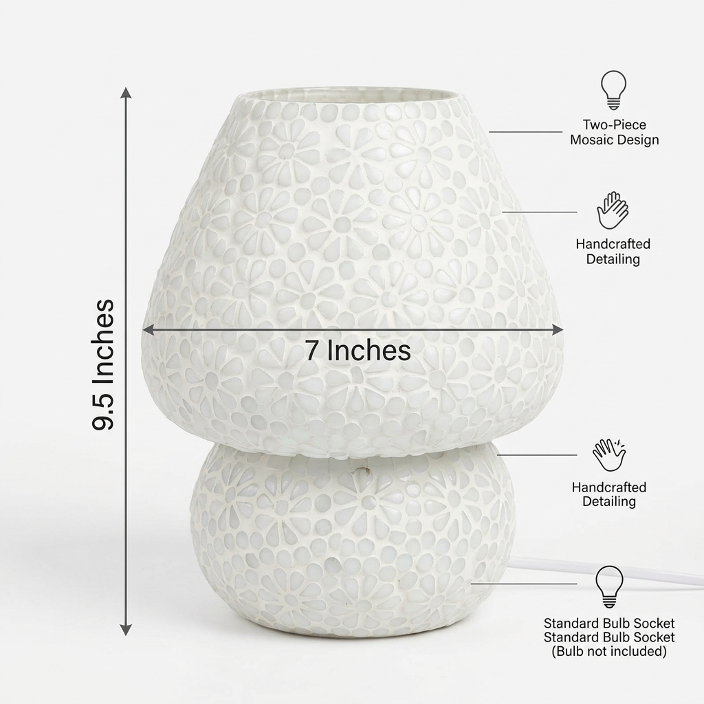 White Floral Glass Table Lamp | Handcrafted Decorative Bedside Lamp - Image 5