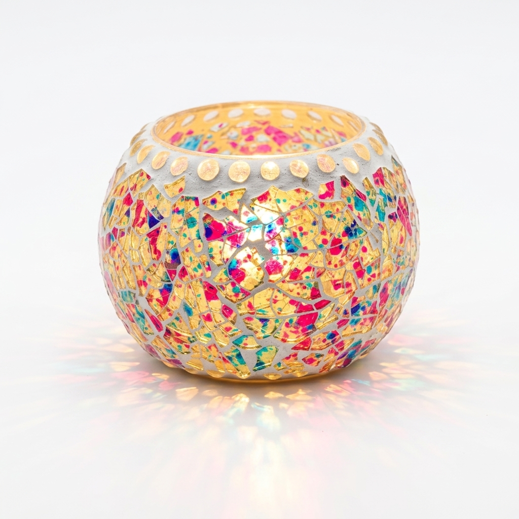 Multicolor Mosaic Glass Tea Light Lamp | Handmade Glass Candle Holder for Home Decor