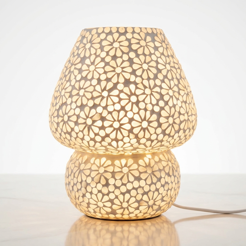 White Floral Glass Table Lamp | Handcrafted Decorative Bedside Lamp