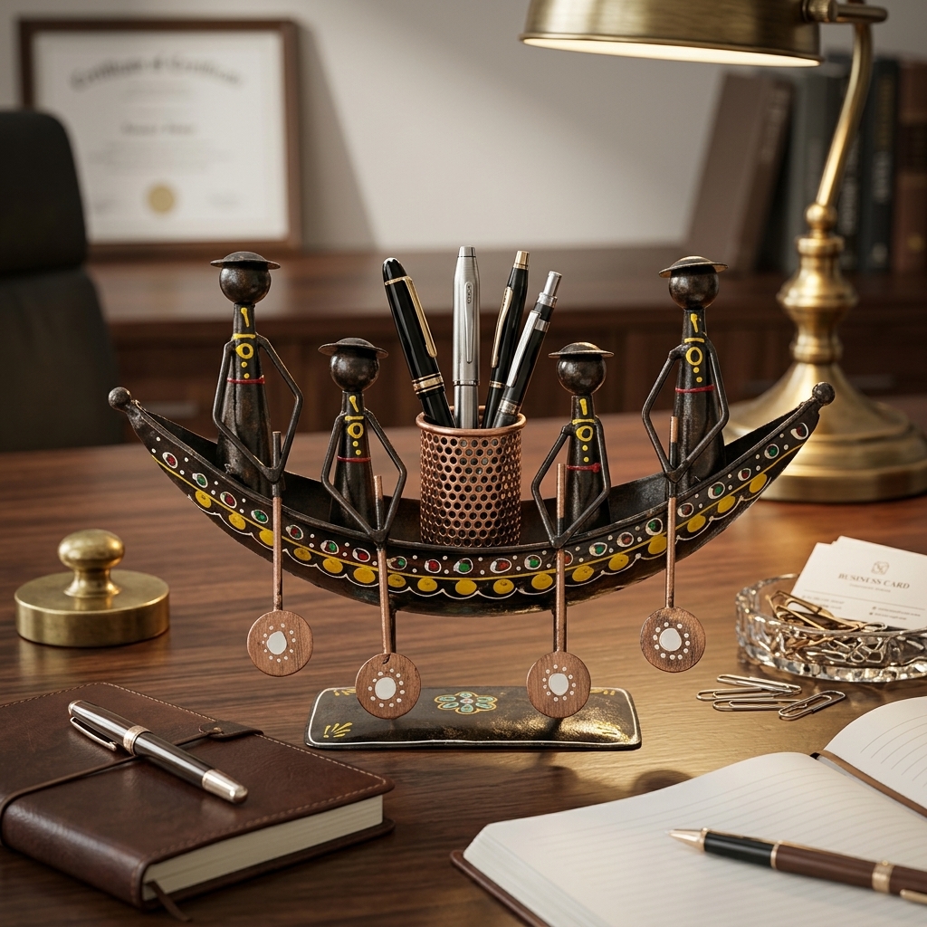Traditional Metal Boat Pen Holder | Handcrafted Desk Organizer for Home & Office - Image 8
