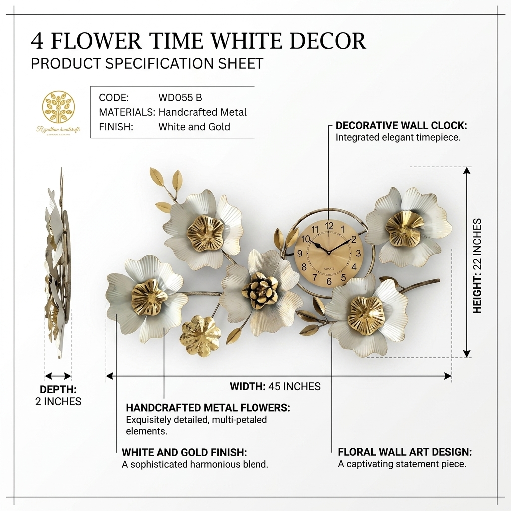 4 Flower Time White Metal Wall Clock Decor - Image 5
