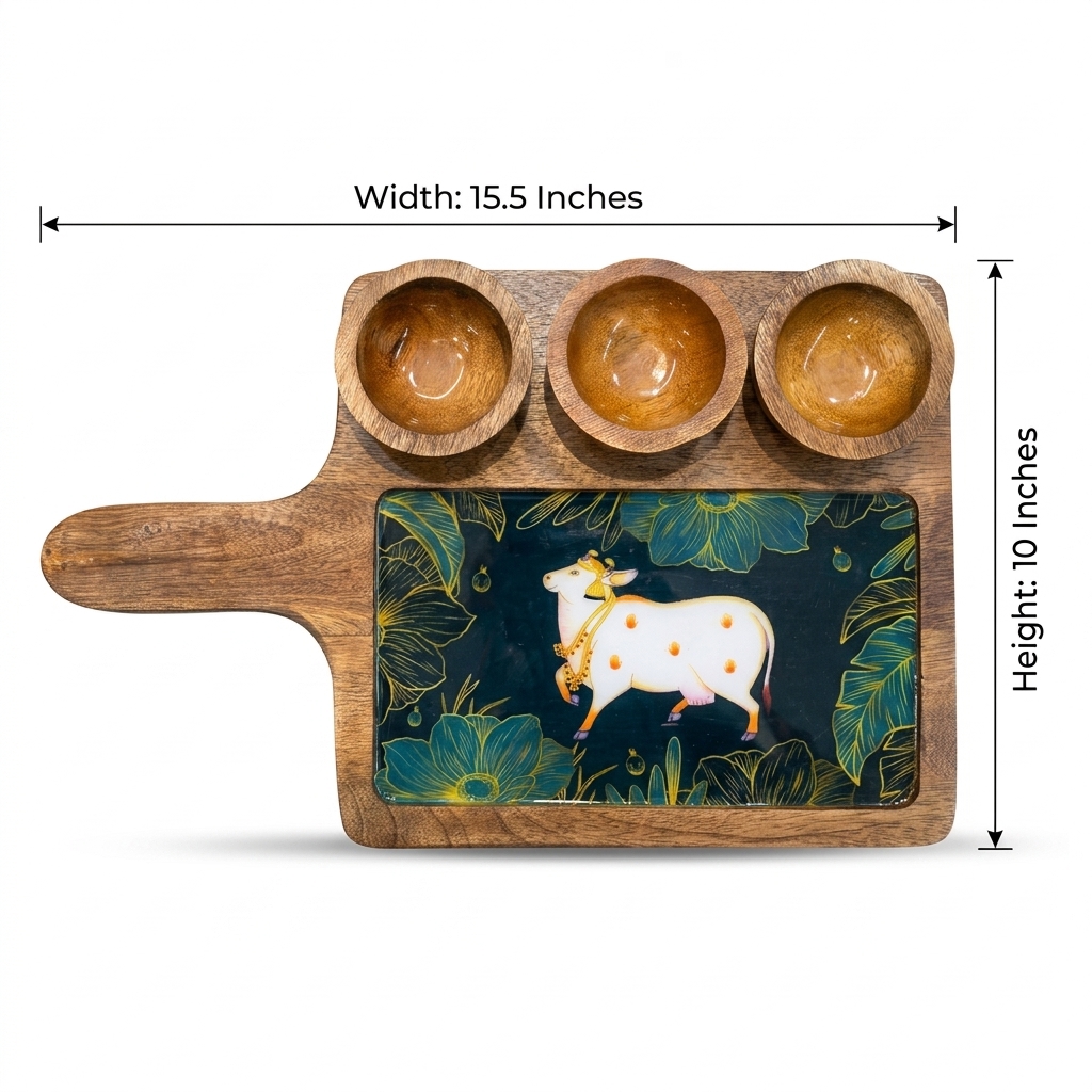 Wooden Serving Tray with Ceramic Art Tile & Snack Bowls | Premium Snack Serving Platter - Image 7