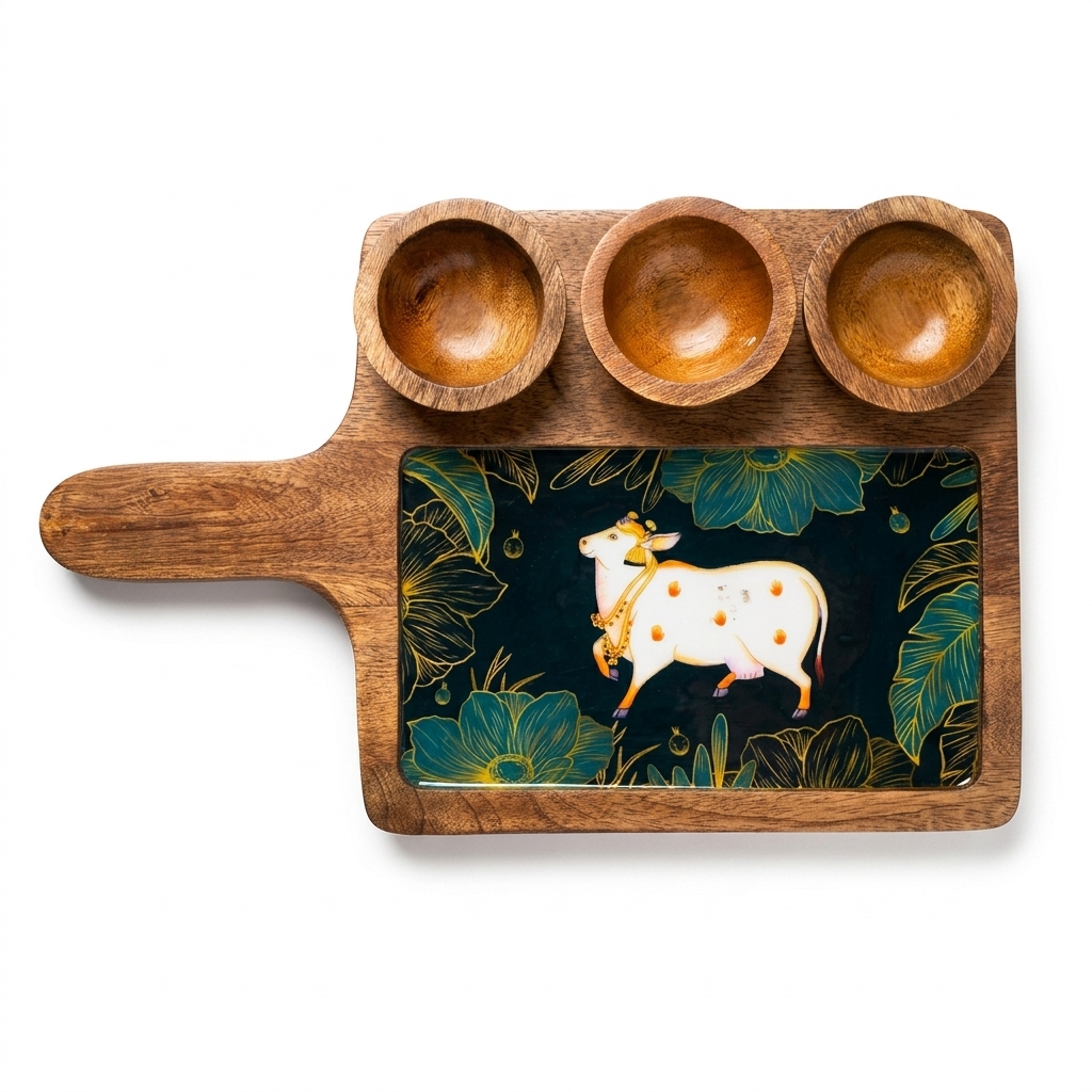 Wooden Serving Tray with Ceramic Art Tile & Snack Bowls | Premium Snack Serving Platter - Image 8