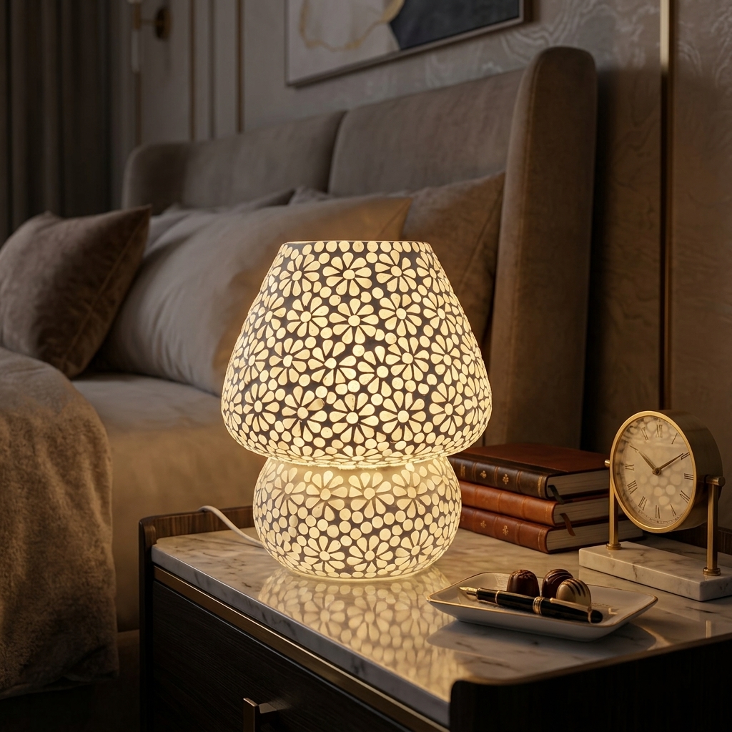 White Floral Glass Table Lamp | Handcrafted Decorative Bedside Lamp - Image 3