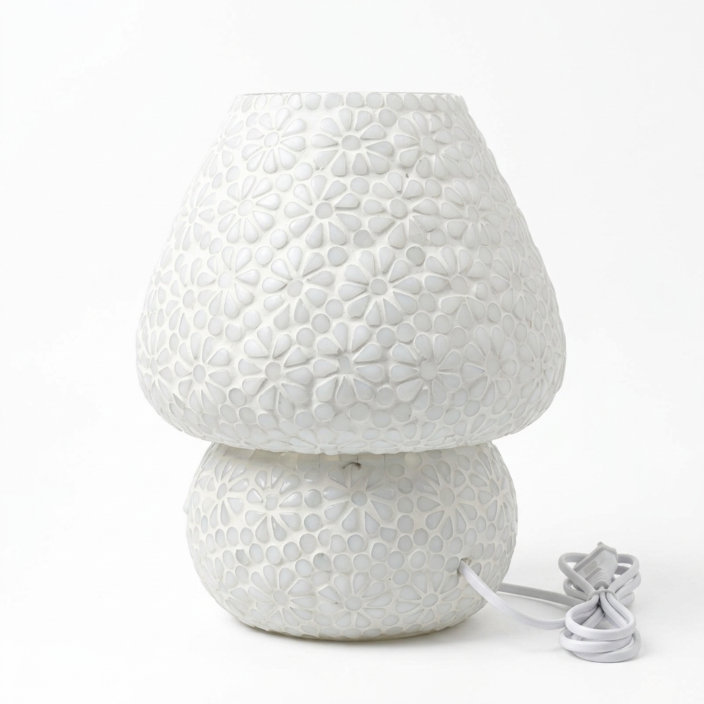 White Floral Glass Table Lamp | Handcrafted Decorative Bedside Lamp - Image 2