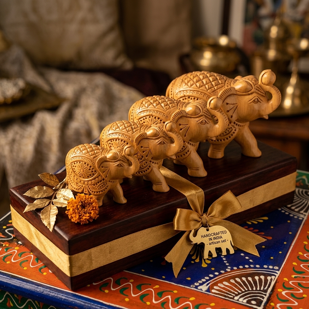 4 Set Handcrafted Wooden Elephant Showpiece | Premium Wooden Elephant Decor Set - Image 4