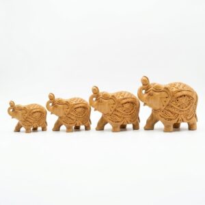 4 Set Handcrafted Wooden Elephant Showpiece | Premium Wooden Elephant Decor Set