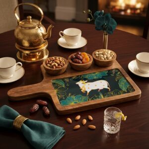 Wooden Serving Tray with Ceramic Art Tile & Snack Bowls | Premium Snack Serving Platter