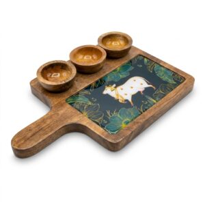 Wooden Serving Tray with Ceramic Art Tile & Snack Bowls | Premium Snack Serving Platter