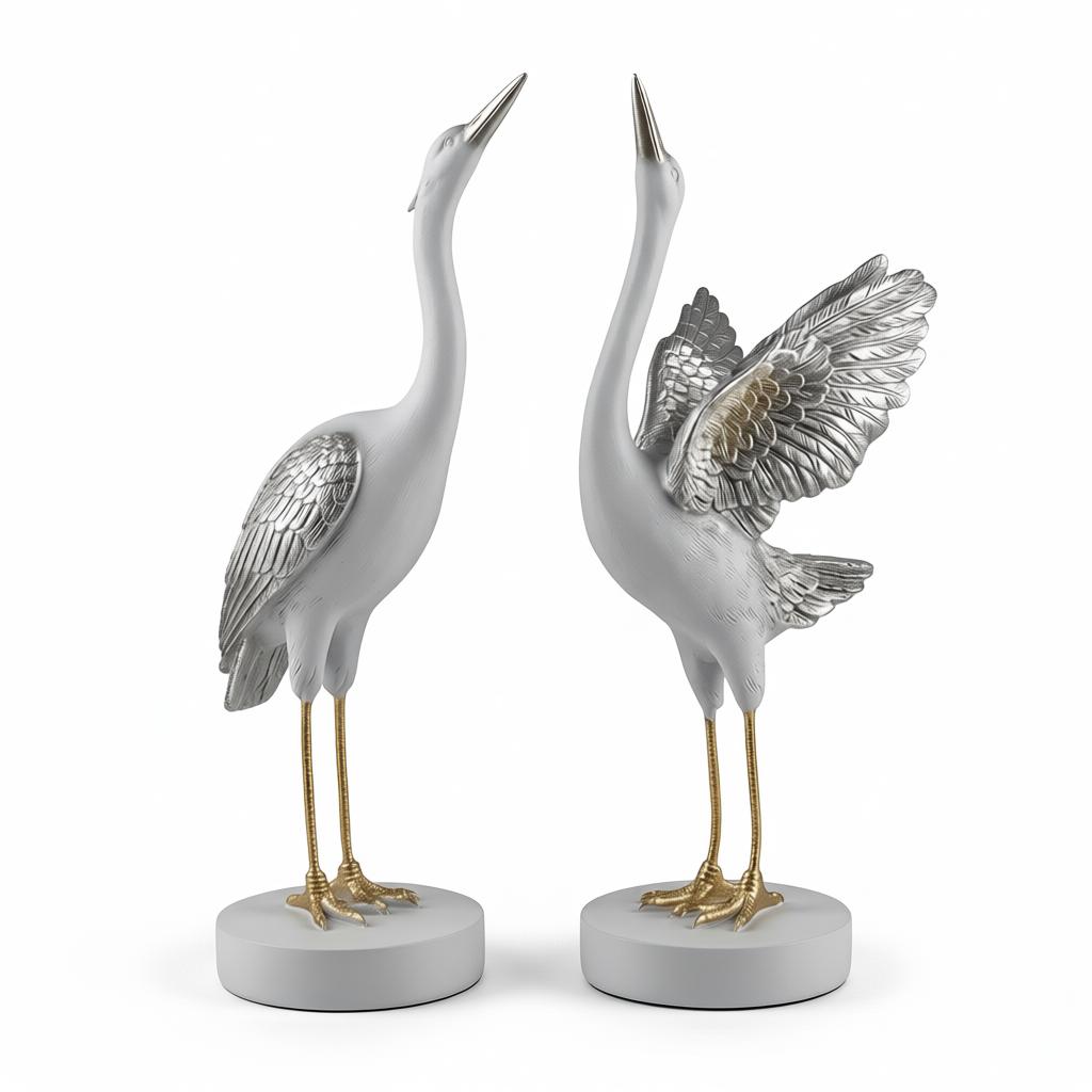 Luxury Silver Heron Bird Figurine Set | Hand-Painted Resin Tabletop Decor (Set of 2) - Image 9