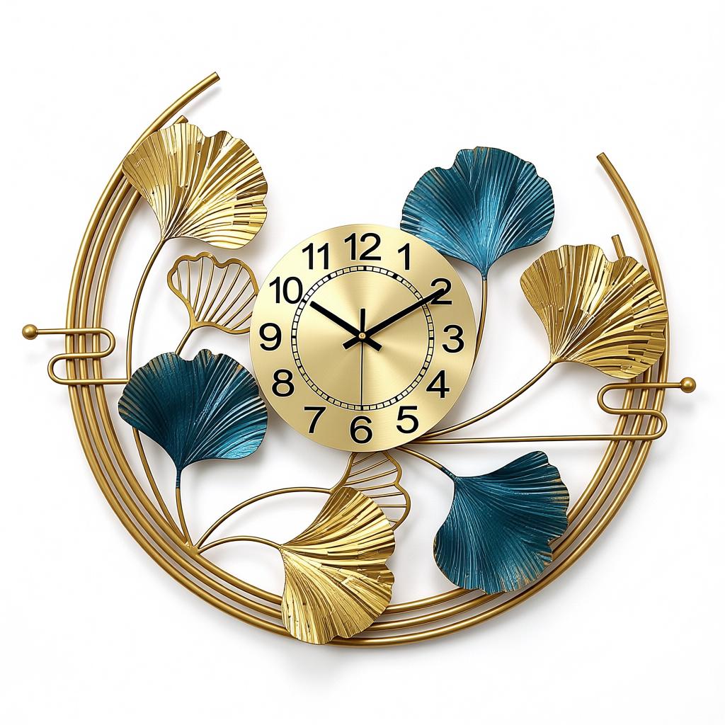 Welson Time Wall Clock | Gold & Teal Leaf Decorative Metal Clock - Image 2
