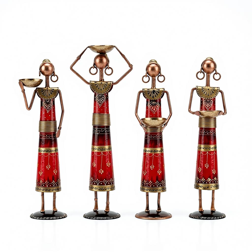 Red Rajasthani Doll Set of 4 | Handcrafted Iron Figurines & Traditional Table Decor - Image 2