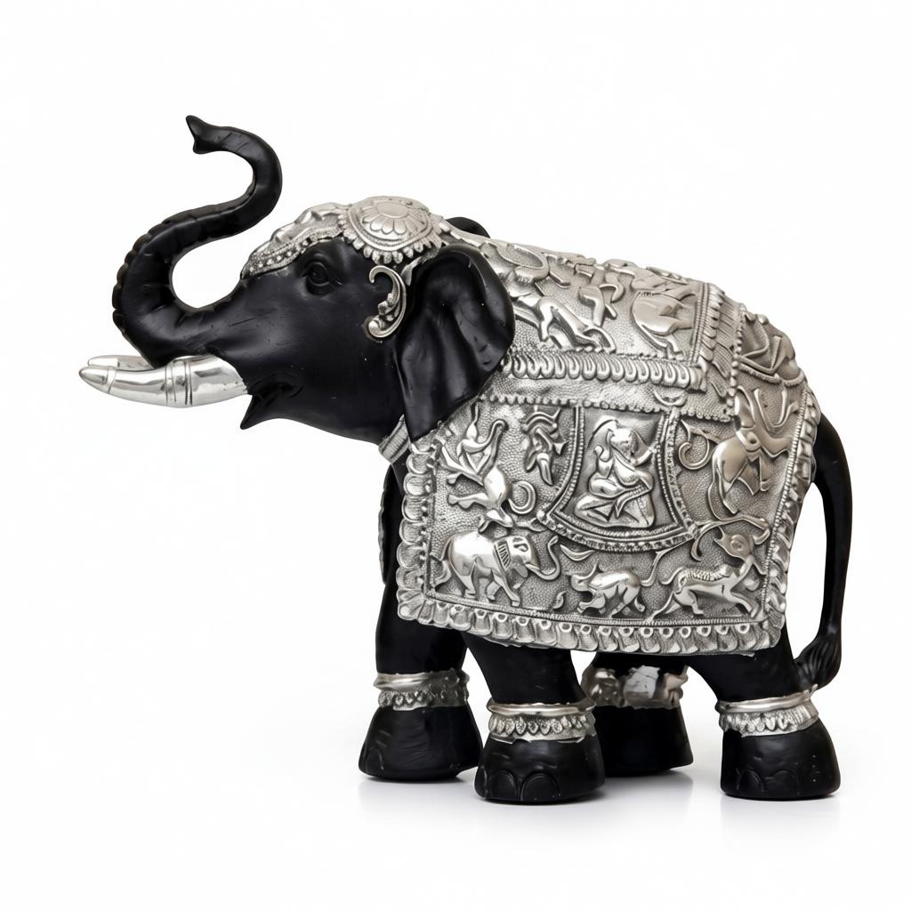 Royal Elephant Silver Sculpture | Handcrafted Indian Elephant Table Decor - Image 2