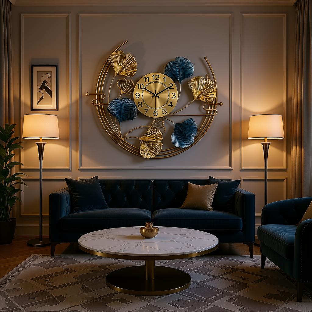 Welson Time Wall Clock | Gold & Teal Leaf Decorative Metal Clock - Image 3