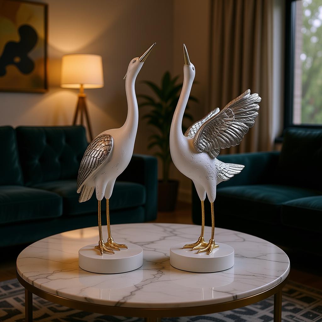 Luxury Silver Heron Bird Figurine Set | Hand-Painted Resin Tabletop Decor (Set of 2) - Image 8