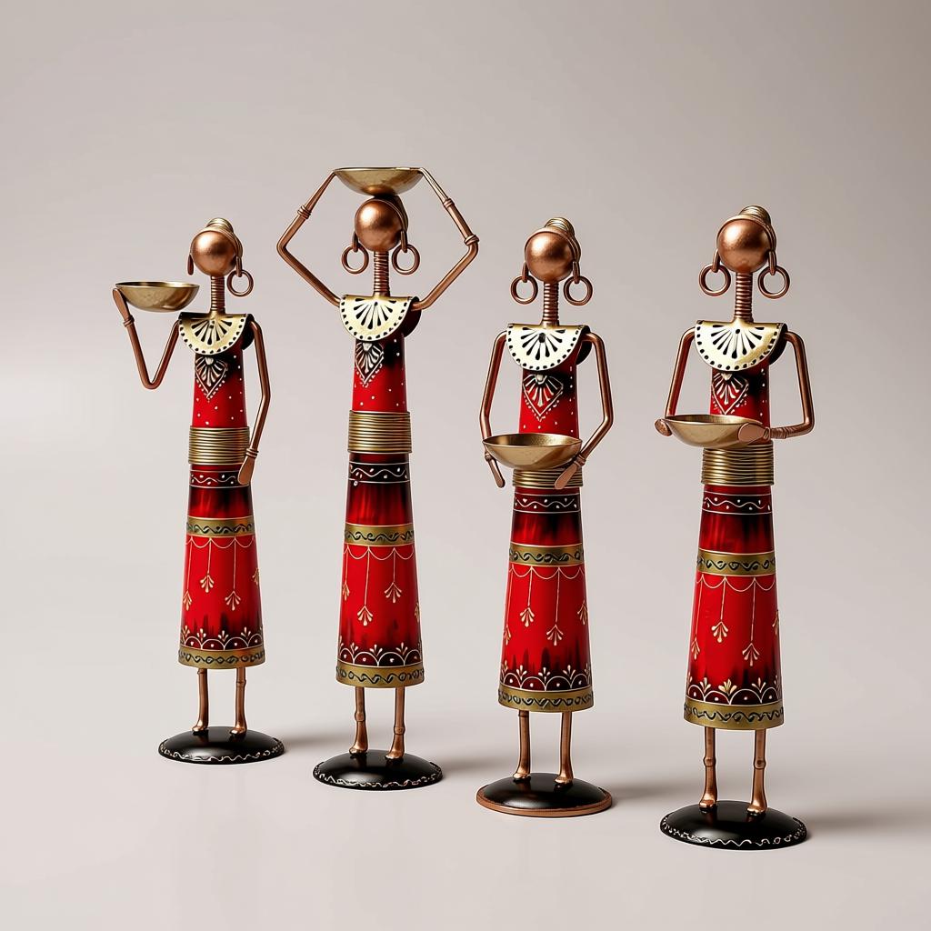 Red Rajasthani Doll Set of 4 | Handcrafted Iron Figurines & Traditional Table Decor - Image 3