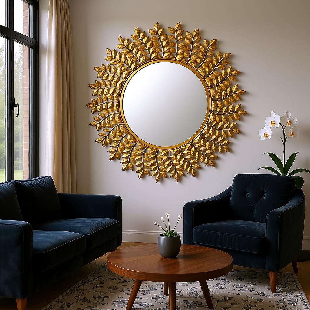 Small Leaf Wall Mirror | Gold Leaf Decorative Round Mirror - Image 9