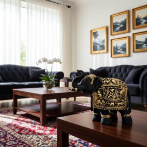 Royal Elephant Black Gold Sculpture | Handcrafted Indian Elephant Table Decor