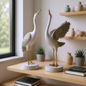 Luxury Silver Heron Bird Figurine Set | Hand-Painted Resin Tabletop Decor (Set of 2)