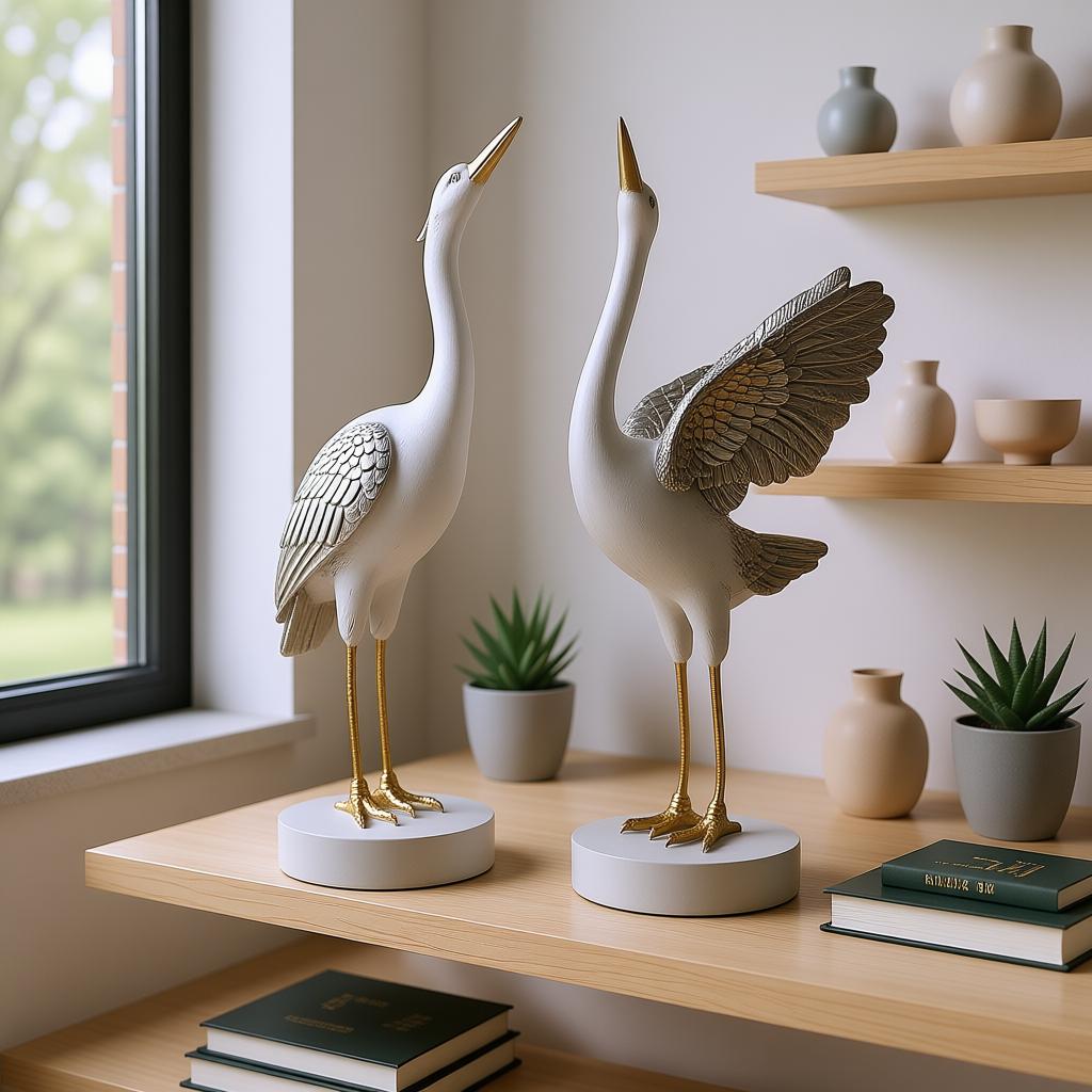 Luxury Silver Heron Bird Figurine Set | Hand-Painted Resin Tabletop Decor (Set of 2)