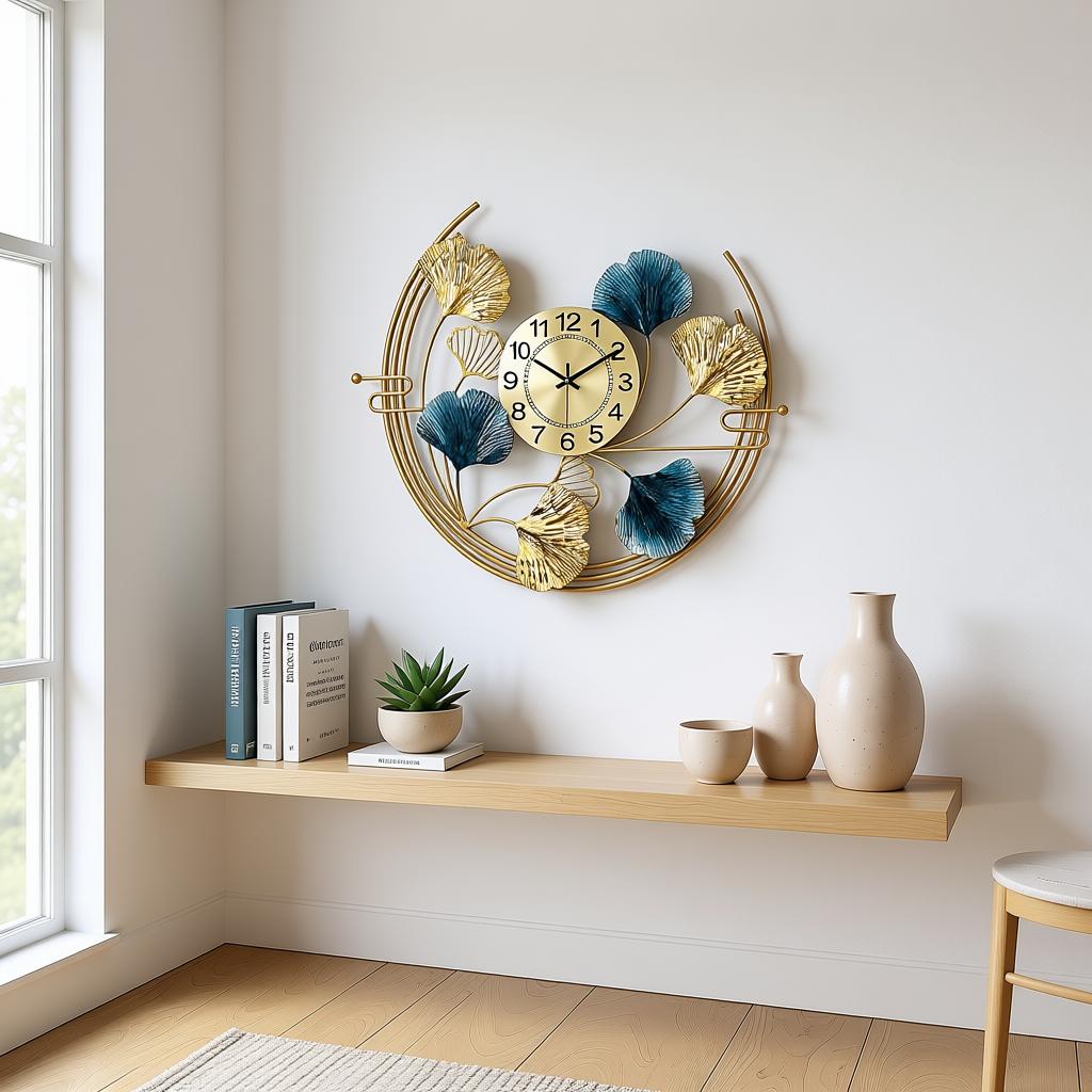 Welson Time Wall Clock | Gold & Teal Leaf Decorative Metal Clock