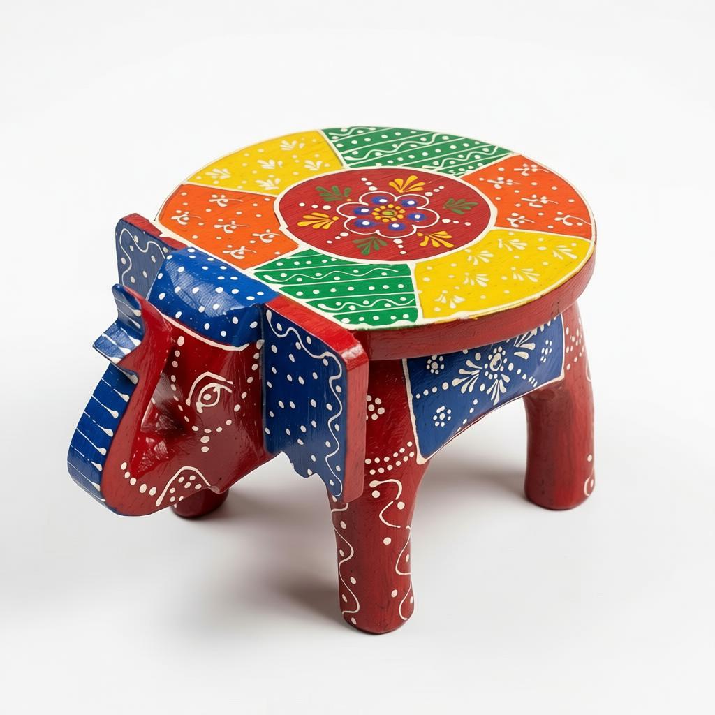 Handcrafted Wooden Elephant Stool | Rajasthani Painted Elephant Table - Image 3