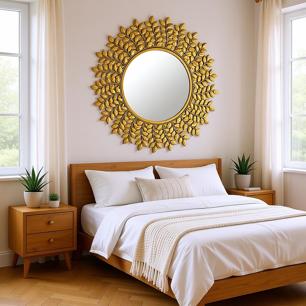 Small Leaf Wall Mirror | Gold Leaf Decorative Round Mirror